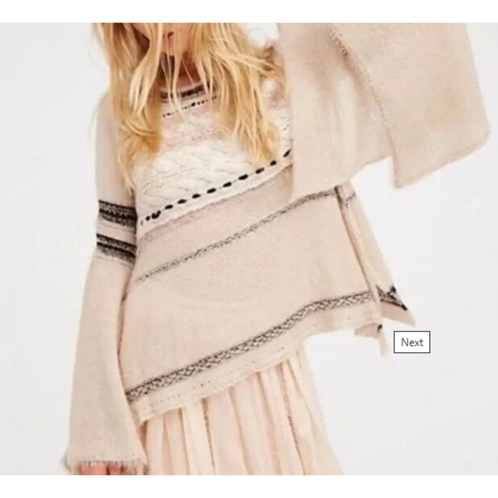 FREE PEOPLE Sweater M Craft Time Bell Sleeve Striped Frayed Pullover Top Ivory